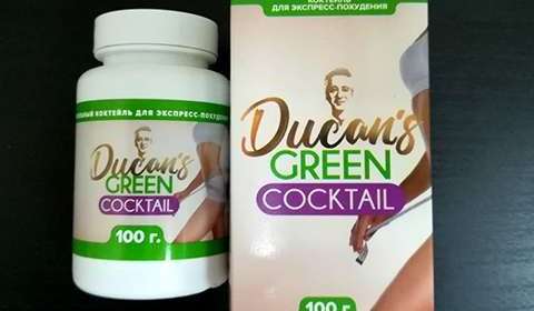 Фото банки и коробки зеленого коктейли Дюкана для похудения